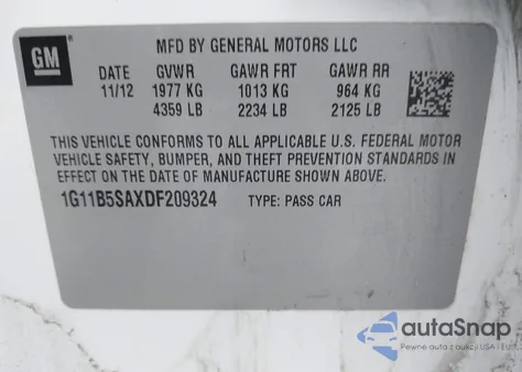 2013 Chevrolet Malibu 1Ls из США, поврежденный, VIN 1G11B5SAXDF209324